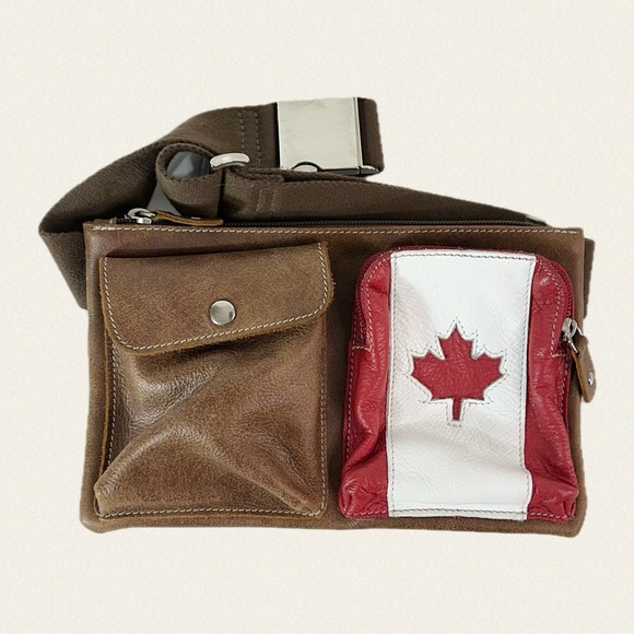 Roots Handbags - Roots Brown Leather Waist Bag with Red and White Canadian Maple Pocket